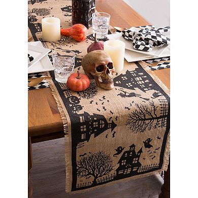 74" Brown and Black Halloween Haunted House Printed Rectangular Table Runner