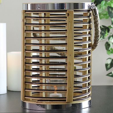 11.5" Rustic Chic Cylindrical Rattan Decorative Candle Holder Lantern with Jute Handle