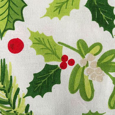 Green and White Boughs of Holly Print Round Christmas Tablecloth 70"