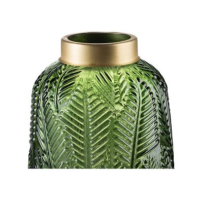 9.5" Green and Gold Fern Leaf Design Modern Glass Vase