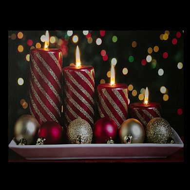 LED Lighted Red and Gold Christmas Candles Display Canvas Wall Art 11.75" x 15.75"