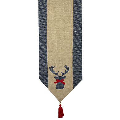 80" Blue and Brown Burlap and Plaid Reindeer Christmas Table Runner