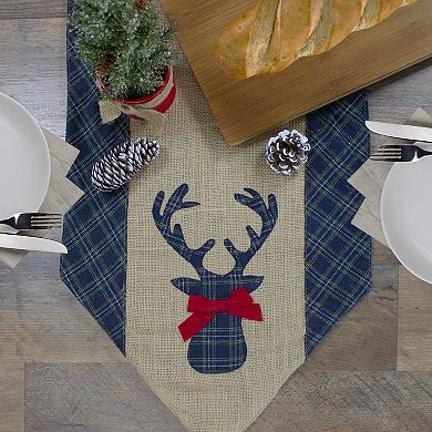 80" Blue and Brown Burlap and Plaid Reindeer Christmas Table Runner