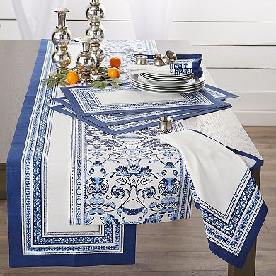 72" Table Runner with Blue Striped Floral Design