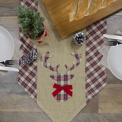 36" Red and Brown Burlap and Plaid Reindeer Christmas Table Runner
