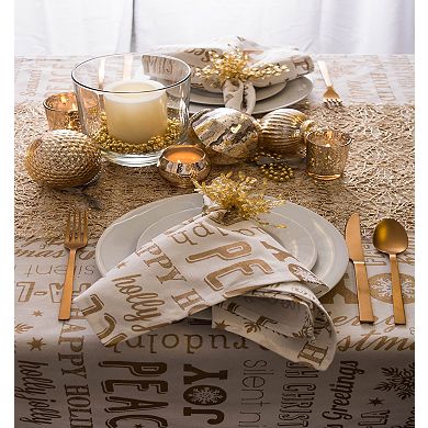 84" White and Gold Colored Christmas Holiday Theme Rectangular Tablecloth