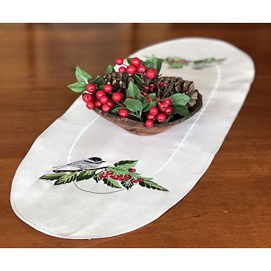 12" x 36" White and Green Chickadee and Cherries Contemporary Table Runner