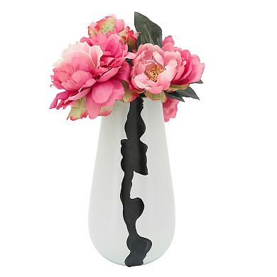 12" White and Black Cylindrical Abstract Line Ceramic Vase