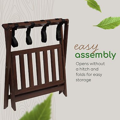 PJ Wood Hotel Style Wood Home Folding Suitcase Luggage Rack with Shelf, Walnut