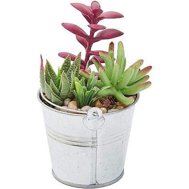 Juvale 4 Pack Artificial Succulents, 6.5 inch Colorful Fake Cactus Plants with Iron Bucket