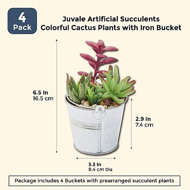 Juvale 4 Pack Artificial Succulents, 6.5 inch Colorful Fake Cactus Plants with Iron Bucket