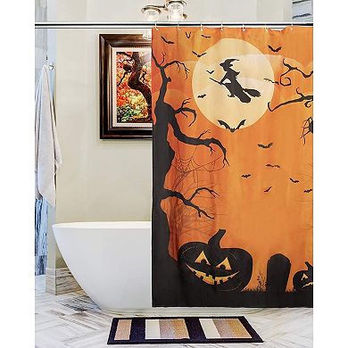 Halloween Bathroom Shower Curtain with Hooks (Orange, Black, 72 x 72 In)