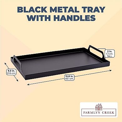 Black Metal Serving Tray with Handles, Rustic Home Decor (15 x 9 x 2 In)