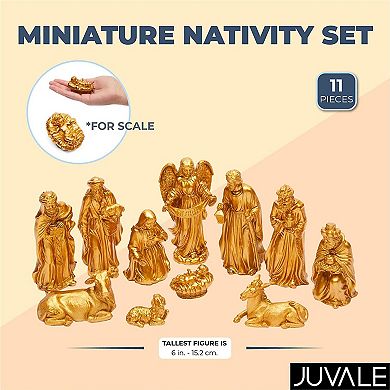 Miniature Nativity Scene Figurines, Religious Christmas Decor (Gold, 11 Pieces)