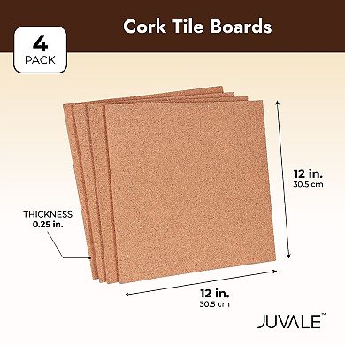 4 Pack Cork Bulletin Board, 1/4 Inch Frameless Natural Cork Tile Boards (12x12 In)
