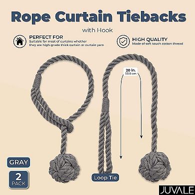 Grey Rope Curtain Tiebacks, Holdbacks for Drapes (20 in, 2 Pack)