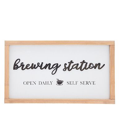 Wooden Brewing Station Sign with Hooks, Farmhouse Coffee Bar Decor (16 x 9 In)