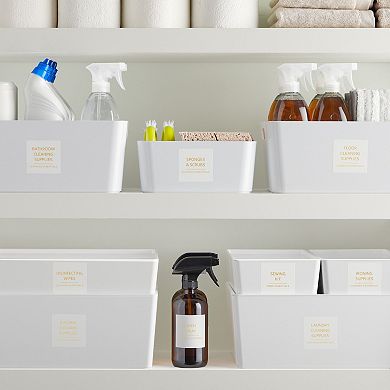 144 Minimalist Laundry Room Labels for Jar Container, Preprinted Gold Print on White Household Stickers for Linen Closet, Bathroom, Glass Cleaning Bottles