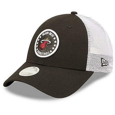Women's New Era Black/White Miami Heat Glitter Patch 9FORTY Snapback Hat