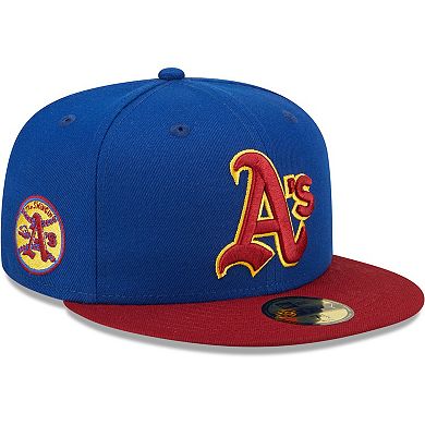 Men's New Era Royal/Red Oakland Athletics Throwback Logo Primary Jewel Gold Undervisor 59FIFTY Fitted Hat
