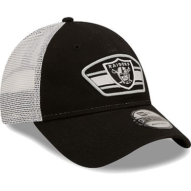 Men's New Era Black/White Las Vegas Raiders Logo Patch Trucker 9FORTY Snapback Hat