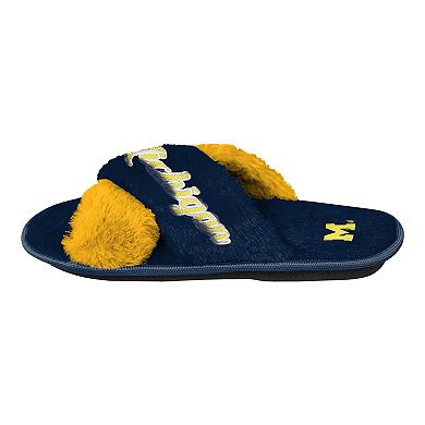 Women's FOCO Navy Michigan Wolverines Two-Tone Crossover Faux Fur Slide Slippers