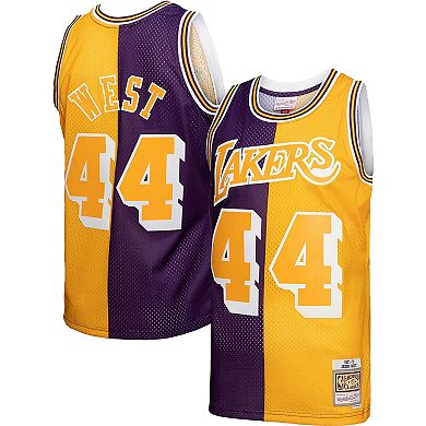 Men's Mitchell & Ness Jerry West Purple/Gold Los Angeles Lakers Hardwood Classics 1971-72 Split Swingman Jersey
