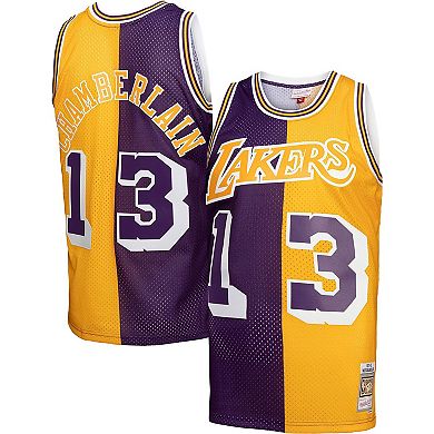 Men's Mitchell & Ness Wilt Chamberlain Purple/Gold Los Angeles Lakers Hardwood Classics 1971-72 Split Swingman Jersey