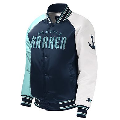 Youth Starter Deep Sea Blue Seattle Kraken Raglan Full-Snap Varsity Jacket