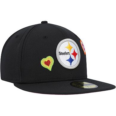 Men's New Era Black Pittsburgh Steelers Chain Stitch Heart 59FIFTY Fitted Hat