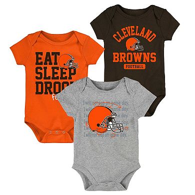 Newborn & Infant Brown/Orange/Heathered Gray Cleveland Browns Three-Piece Eat Sleep Drool Bodysuit Set