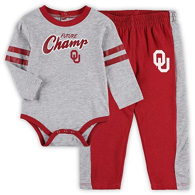 Infant Heather Gray/Crimson Oklahoma Sooners Little Kicker Long Sleeve Bodysuit and Sweatpants Set