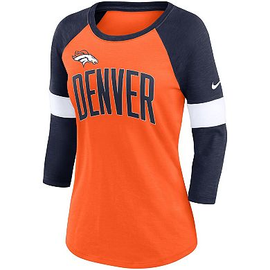 Women's Nike Denver Broncos Heathered Orange/Heathered Navy Football Pride Slub 3/4 Raglan Sleeve T-Shirt