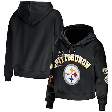 Women's WEAR by Erin Andrews Black Pittsburgh Steelers Plus Size Modest Cropped Pullover Hoodie