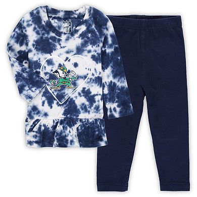 Girls Infant Wes & Willy Navy Notre Dame Fighting Irish Tie-Dye Ruffle Raglan Long Sleeve T-Shirt & Leggings Set