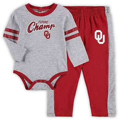 Newborn & Infant Heather Gray/Crimson Oklahoma Sooners Little Kicker Long Sleeve Bodysuit & Sweatpants Set