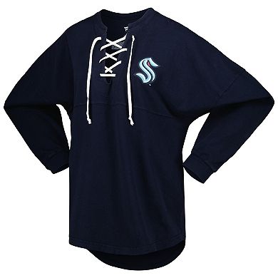 Women's Fanatics Branded Deep Sea Blue Seattle Kraken Spirit Lace-Up V-Neck Long Sleeve Jersey T-Shirt