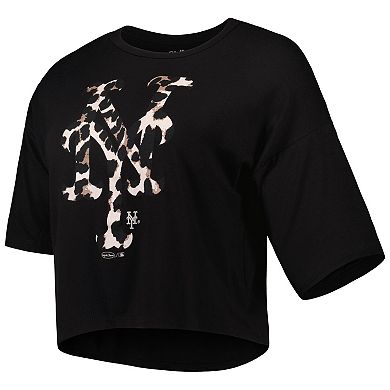 Women's Majestic Threads Black New York Mets Leopard Cropped T-Shirt