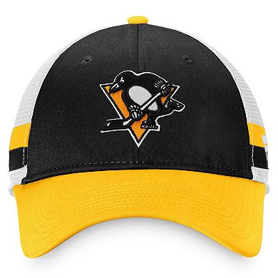 Men's Fanatics Branded Black/Gold Pittsburgh Penguins Breakaway Striped Trucker Snapback Hat