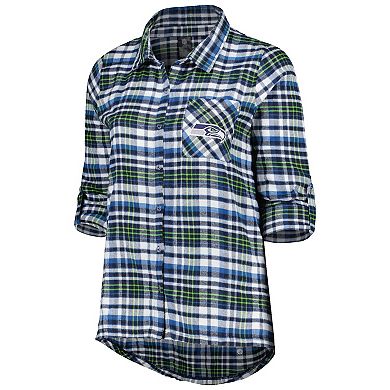 Women's Concepts Sport College Navy Seattle Seahawks Plus Size Mainstay Flannel Full-Button Long Sleeve Nightshirt
