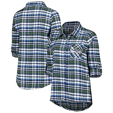 Women's Concepts Sport College Navy Seattle Seahawks Plus Size Mainstay Flannel Full-Button Long Sleeve Nightshirt