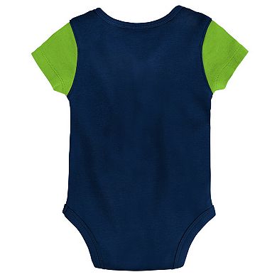 Newborn & Infant College Navy/Neon Green Seattle Seahawks Little Champ Three-Piece Bodysuit Bib & Booties Set