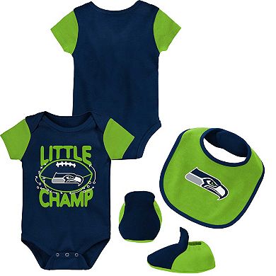 Newborn & Infant College Navy/Neon Green Seattle Seahawks Little Champ Three-Piece Bodysuit Bib & Booties Set
