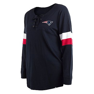 Women's New Era Navy New England Patriots Plus Size Athletic Varsity Lace-Up V-Neck Long Sleeve T-Shirt
