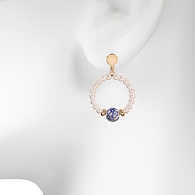 LC Lauren Conrad Gold Tone Ceramic Floral Bead & Simulated Pearl Open Circle Nickel Free Drop Earrings