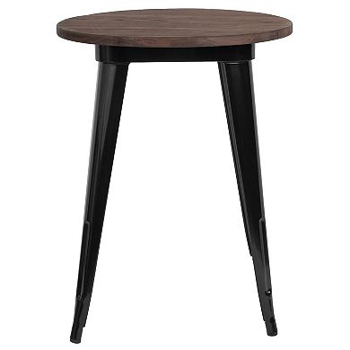 Merrick Lane 24" Round Metal Indoor Table with Black Galvanized Steel Frame and Walnut Rustic Wood Top