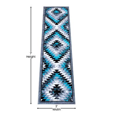 Masada Rugs Masada Rugs Stephanie Collection 2'x7' Area Rug Runner with Distressed Southwest Native American Design 1106 in Turquoise, Gray, Black and White
