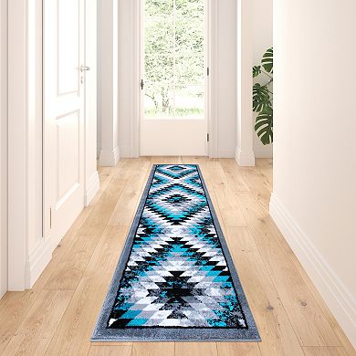 Masada Rugs Masada Rugs Stephanie Collection 2'x7' Area Rug Runner with Distressed Southwest Native American Design 1106 in Turquoise, Gray, Black and White