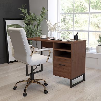 Merrick Lane Brighton Rustic Computer Desk with Shelving and Storage Drawer Metal Frame Pedestal Base Home Office Desk