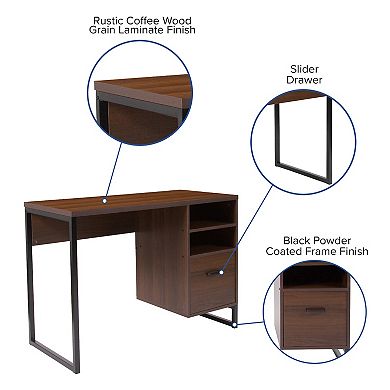 Merrick Lane Brighton Rustic Computer Desk with Shelving and Storage Drawer Metal Frame Pedestal Base Home Office Desk